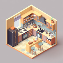 Kitchen open inside interior architecture. 3d isometric view. AI Generated.