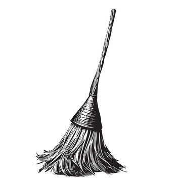 Witch broom hand drawn sketch Halloween illustration