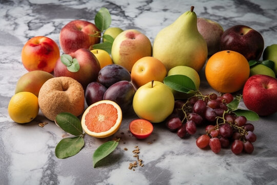 Delicous and healthy organic biological fruit collection on marble table background, top view.