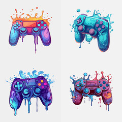 Set of melting video game controllers. Console gamepad vector isolated. Vivid splashes of colors. © Roman