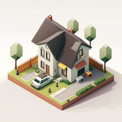 Modern isometric house model with land isolated on white background. Generative AI.