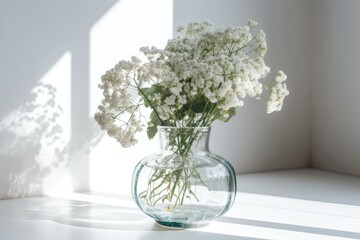 On a white background, there are white flowers in a vase. décor for a room. Generative AI