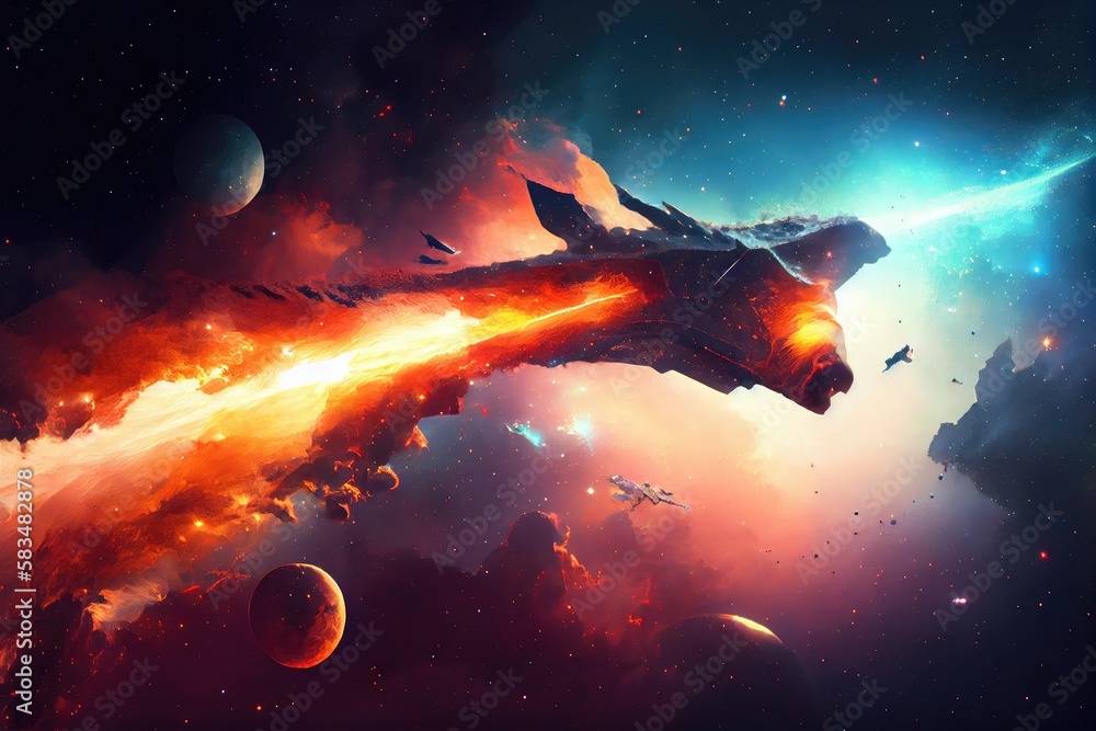 Canvas Prints futuristic spaceship flies past nebula of fiery stars and nebulae, created with generative ai