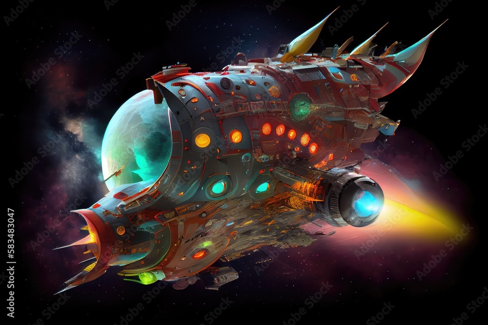 Sticker view of fantastical spaceship, with its lights gleaming and engines humming, speeding through the depths of space, created with generative ai