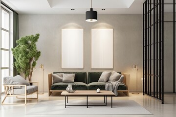an example of a modern living room's interior with a sofa, couch, and table. Generative AI