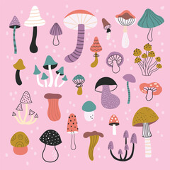 vector set of mushrooms on pink background