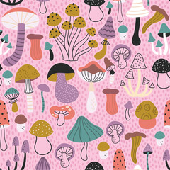 vector seamless pattern with mushrooms on pink bc