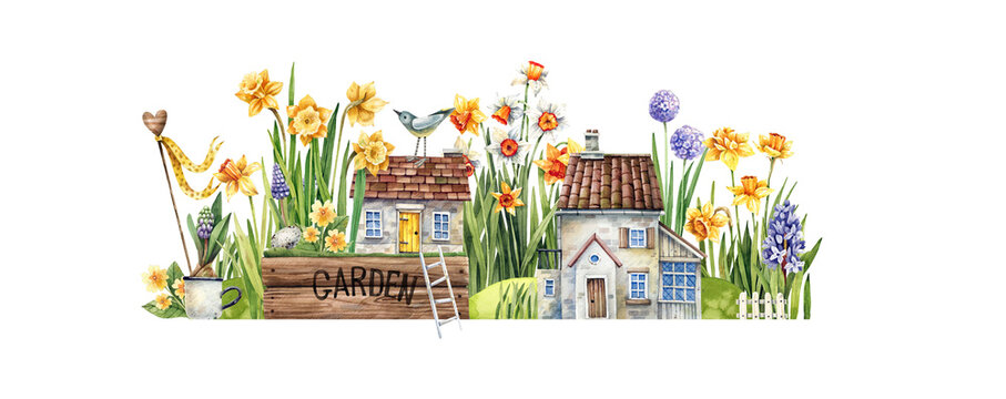 Flower street with a spring garden, daffodils, hyacinths, primroses, birdhouses, old houses and birds. Fairy tale watercolor illustration. Flowers, cups and houses.