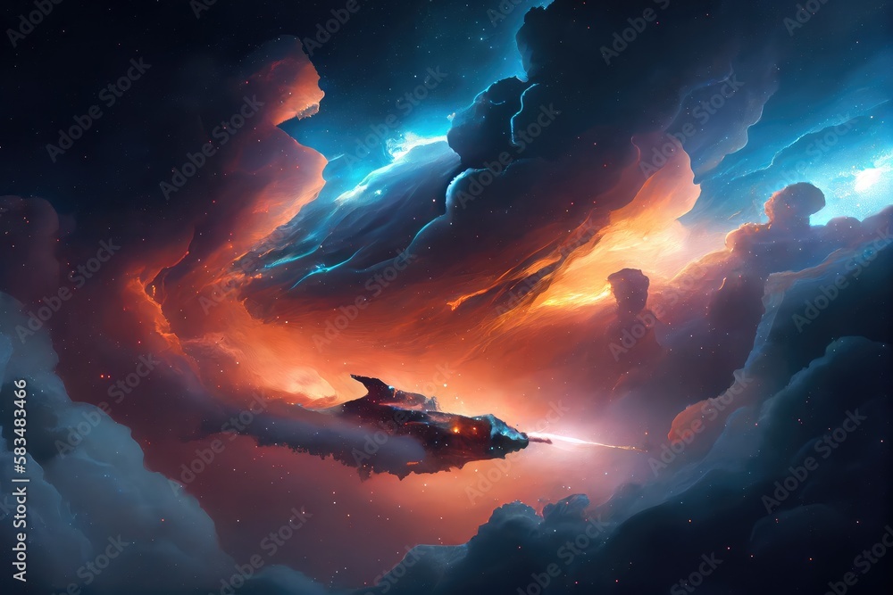 Poster breathtaking view of nebula, with spaceship flying through the clouds of gas and dust, created with 