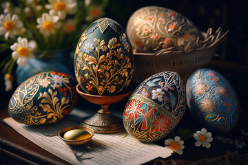 Easter eggs painted in bright floral ornaments lie on the table in a basket. Generated by AI technology