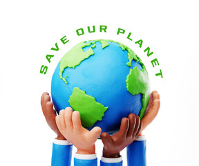 Sustain earth concept: Human plasticine stylised hands holding Earth