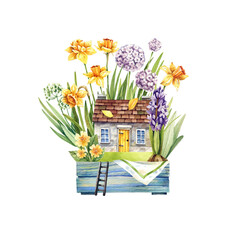 Vintage house in wooden garden box with daffodils bird watercolor illustration in shabby chic style. Fairy tale, spring illustration.