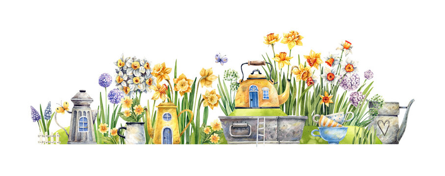 Fairy tale watercolor illustration. Flower street with daffodils, hyacinths, primroses, teapots, cups and butterflies. Flowers, cups and houses.