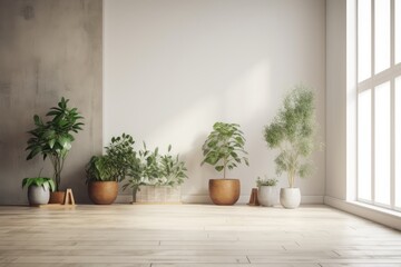 Fototapeta na wymiar Wall mockup in the inside with potted plants and hardwood flooring. Generative AI