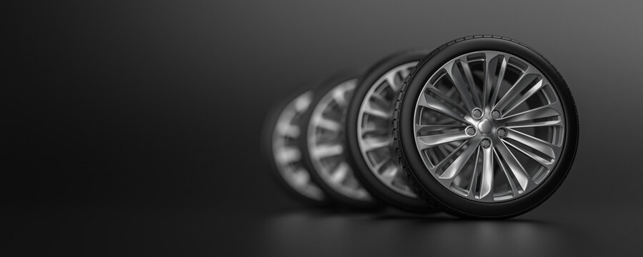 PNEUS CARRO EM FUNDO ESCURO 3D RENDER