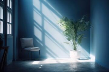 A minimalist apartment with a white chair and a little palm tree plant in a ring shaped concrete planter receiving sunlight from the window is mocked up with an empty blue wall color. An example