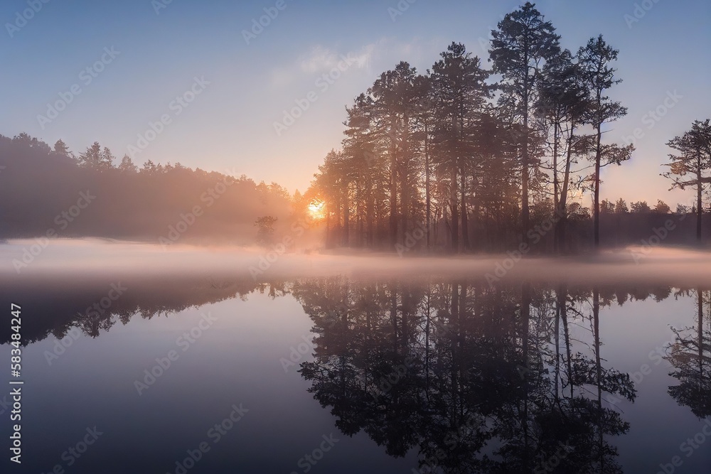 Wall mural Beautiful misty forest reflected in water of smooth pond., created with generative ai