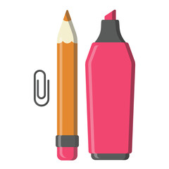 Stationery set. Pencil, Highlighter, and paper clip in classic colors. 
