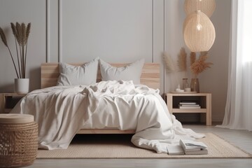 Close up of a frame mock up of a modern Scandinavian hardwood bedroom with white toned rattan furniture, a double bed, and a duvet, blanket, and pillows. idea for a cozy home design. Generative AI