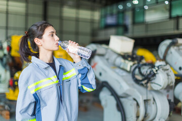 health care woman worker drinking clean water while working in factory machine warehouse for...
