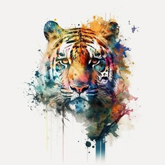 Watercolor Tiger portrait, painted illustration of a wild cat on a blank background, Colorful splashes animal head, AI generated