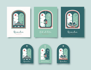 Ramadan Kareem. Set of Islamic greeting card and gift tags with Quran, mosque, lanterns. Vector holiday illustration in green colors for your holliday design.