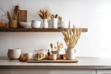 Fototapeta na wymiar White table top or shelf over wooden and white kitchen with accessories, dry plants, ornament, ears, sheaf, branch in vase, modern minimal interior design. Generative AI