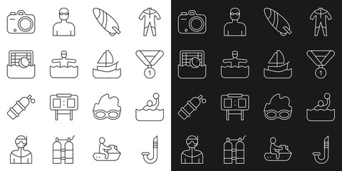 Set line Snorkel, Water polo, Medal, Surfboard, gymnastics, Photo camera and Yacht sailboat icon. Vector