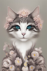 Close-up portrait of a beautiful, graceful cat. Photography in the style of Vogue. postcard. generative AI
