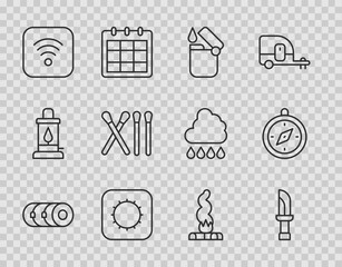 Set line Blanket roll, Knife, Lighter, Sun, Wi-Fi wireless internet, Match stick, Campfire and Compass icon. Vector