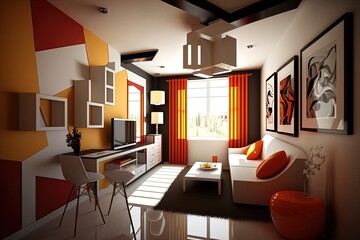 A bedroom with a stylish and modern design. The room features a comfortable bed with crisp white linens. Generative of AI