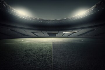 A dramatic and atmospheric depiction of a football field at night, this artwork uses bold lighting and shadow. Generated by AI - obrazy, fototapety, plakaty