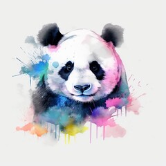 Watercolor Panda portrait, painted illustration of a cute bear on a blank background, Colorful splashes animal head, AI generated