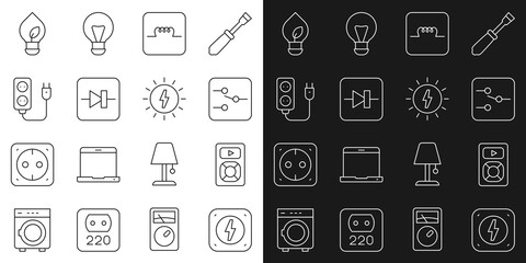 Set line Lightning bolt, Music player, Switch electronic circuit, Inductor, Diode, Electric extension, bulb with leaf and Solar energy panel icon. Vector