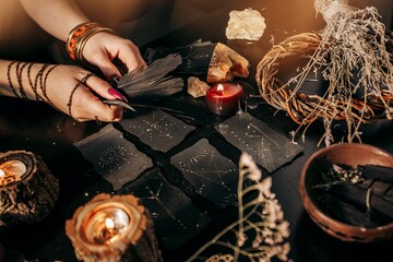 A woman's hands hold raven feathers against a backdrop of magical patterned cards and lit candles. Halloween