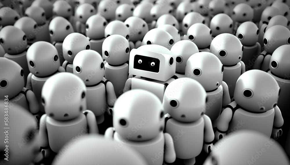 Poster crowd of white robots, showcasing advanced ai, machine learning, and automation in a sci-fi setting.