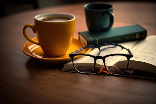 pair of eyeglasses lying on a table, next to book and cup of tea, created with generative ai