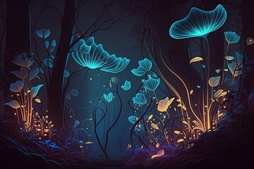 A mystical and enchanted forest with an otherworldly atmosphere is populated by tall, slender trees with leaves in varying shades of green. Created with the assistance of generative AI.