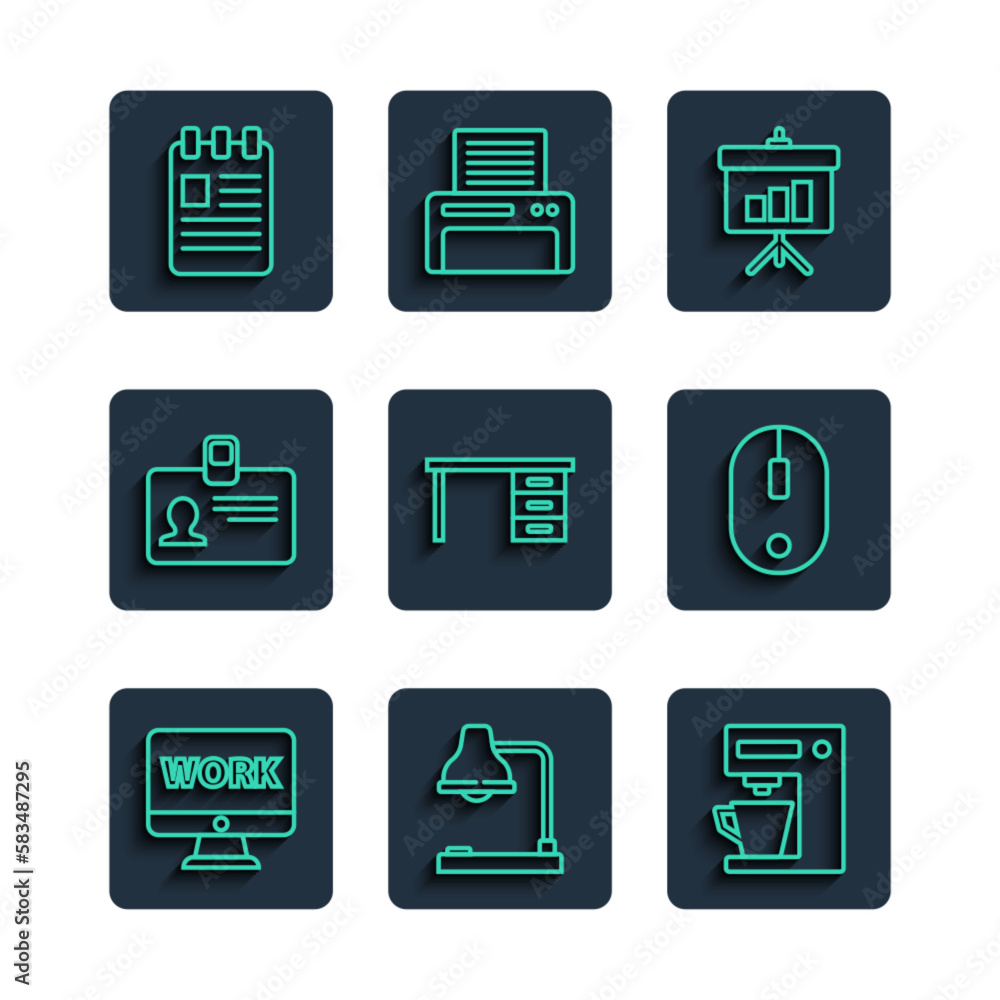 Poster set line monitor with text work, table lamp, coffee machine, chalkboard diagram, office desk, identi