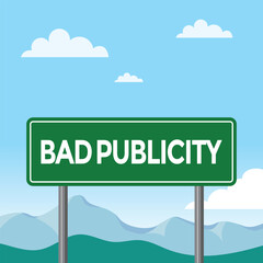 bad publicity road sign, green sign, landscape in background, vector illustration 