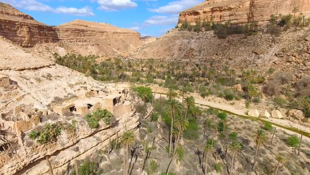 The Ghoufi canyon in Biskra with the Abio river surrounded by palm trees and old house. Algeria Batna