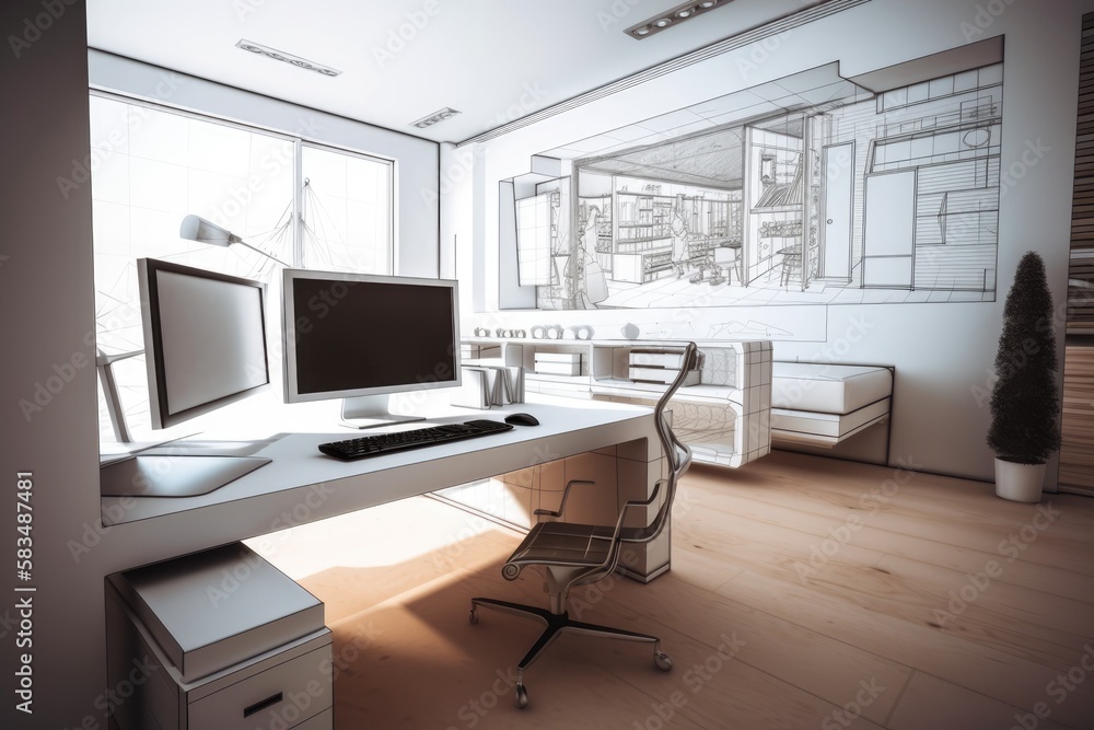 Poster concept for an architect's home, with a desktop computer on a white work desk showcasing a minimalis