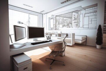 Concept for an architect's home, with a desktop computer on a white work desk showcasing a minimalist living area and a CAD interior design sketch in the distance. Generative AI