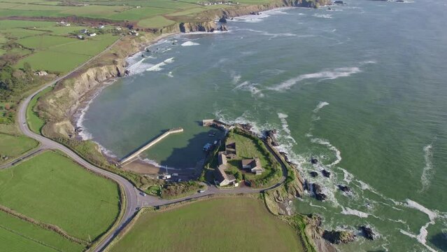 Waterford Copper Coast Drive drone shot of Boatstrand fishing harbour and boats