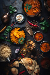 Overhead shot for Indian food restaurant menu. Indian traditional cuisine. Generative AI