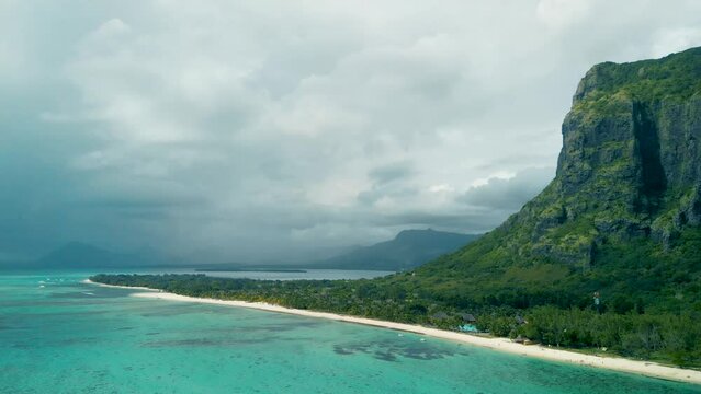 Beautiful aerial view of Le Morne beach in Mauritius