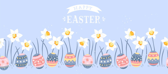 Cute hand drawn easter horizontal seamless pattern with daffodils, easter doodle background, great for textiles, banners, wallpapers, wrapping - vector design