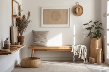 A chic interior design plan for the living room features a wooden bench, boxes, dried flowers in a vase, a white wall, and attractive personal items in contemporary home furnishings. Generative AI