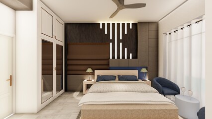 Realistic dark bedroom interior with wooden furniture 3d render