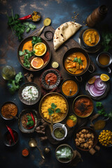 Obraz na płótnie Canvas Overhead shot for Indian food restaurant menu. Indian traditional cuisine. Generative AI